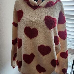 Heart Patterned V-Neck Sweater - Red & Cream